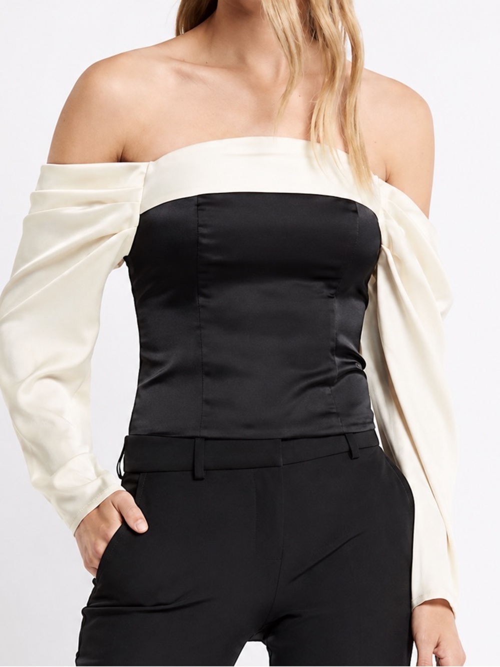 Express Two-Tone Satin Bustier Top - Black & Cream